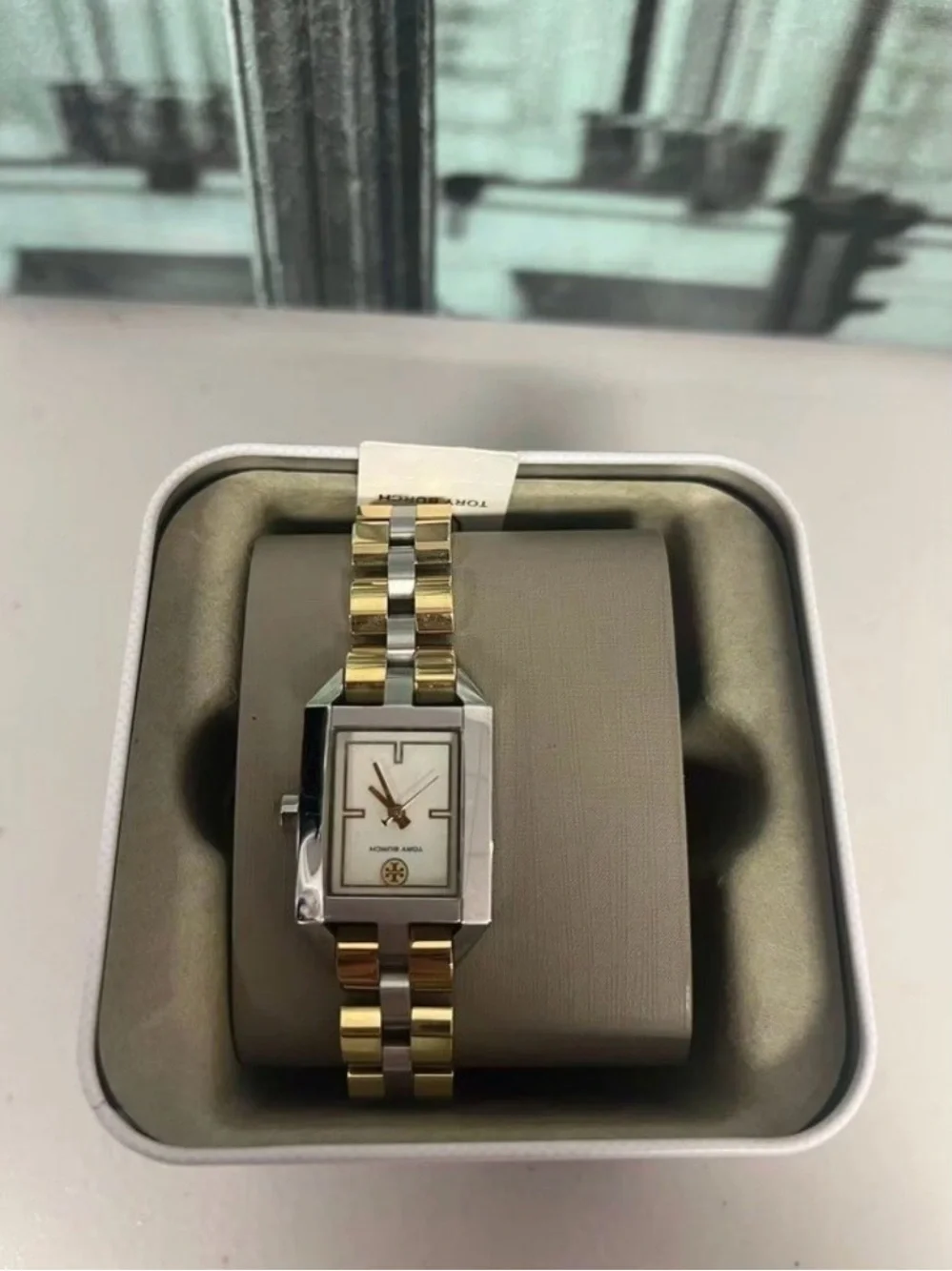 Tory Burch Two-Tone Gold and Silver Rectangular Women's Bracelet Watch